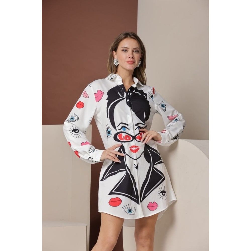 Denim Love Graphic Face Print Shirt Dress White Long‎ Sleeve Pop Art  Small